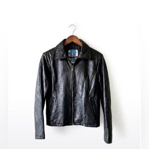 NWT• Leather Works Black Patchwork Leather Jacket Vintage 90s Y2K Zip Coat L